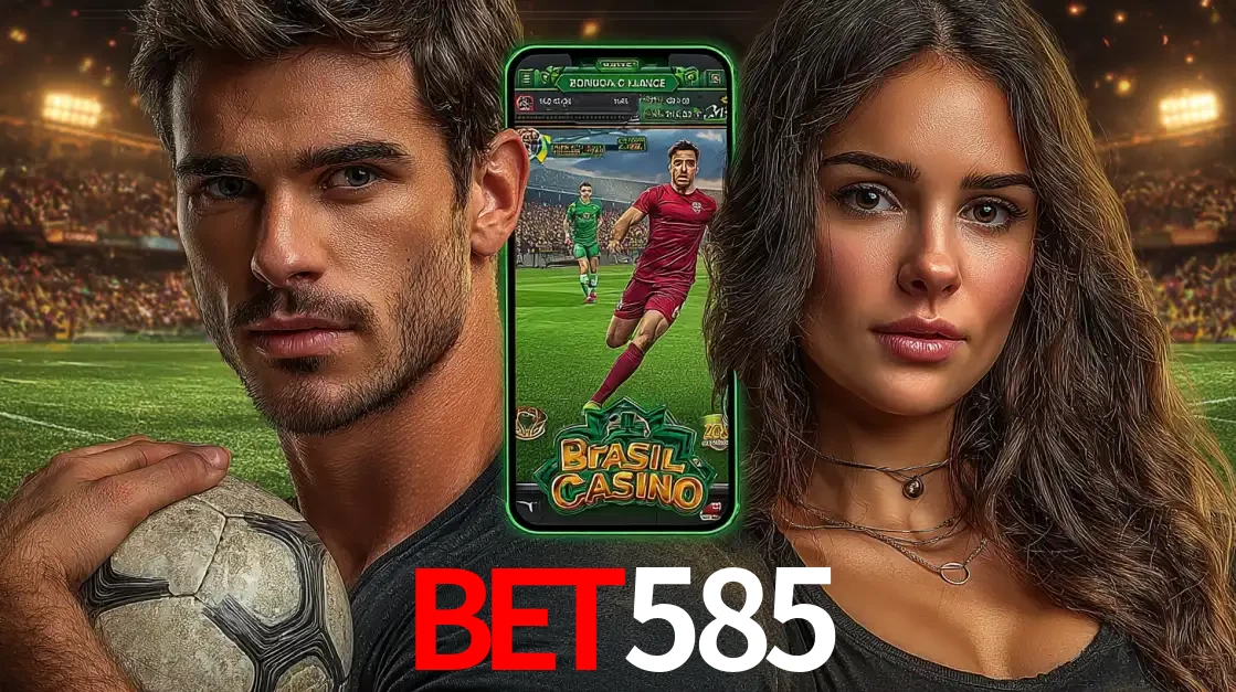Homem segurando uma bola de futebol e uma mulher ao lado de um smartphone exibindo o jogo de apostas esportivas da BET585. Faça seu palpite no cassino online.